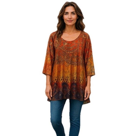 One World Women's Tunic Top Rhinestones Velvet Paisley V-Neck Multi-Color XL - Picture 1 of 11